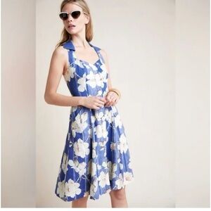 Anthropologie Camellia blue floral collared button down linen shirt dress